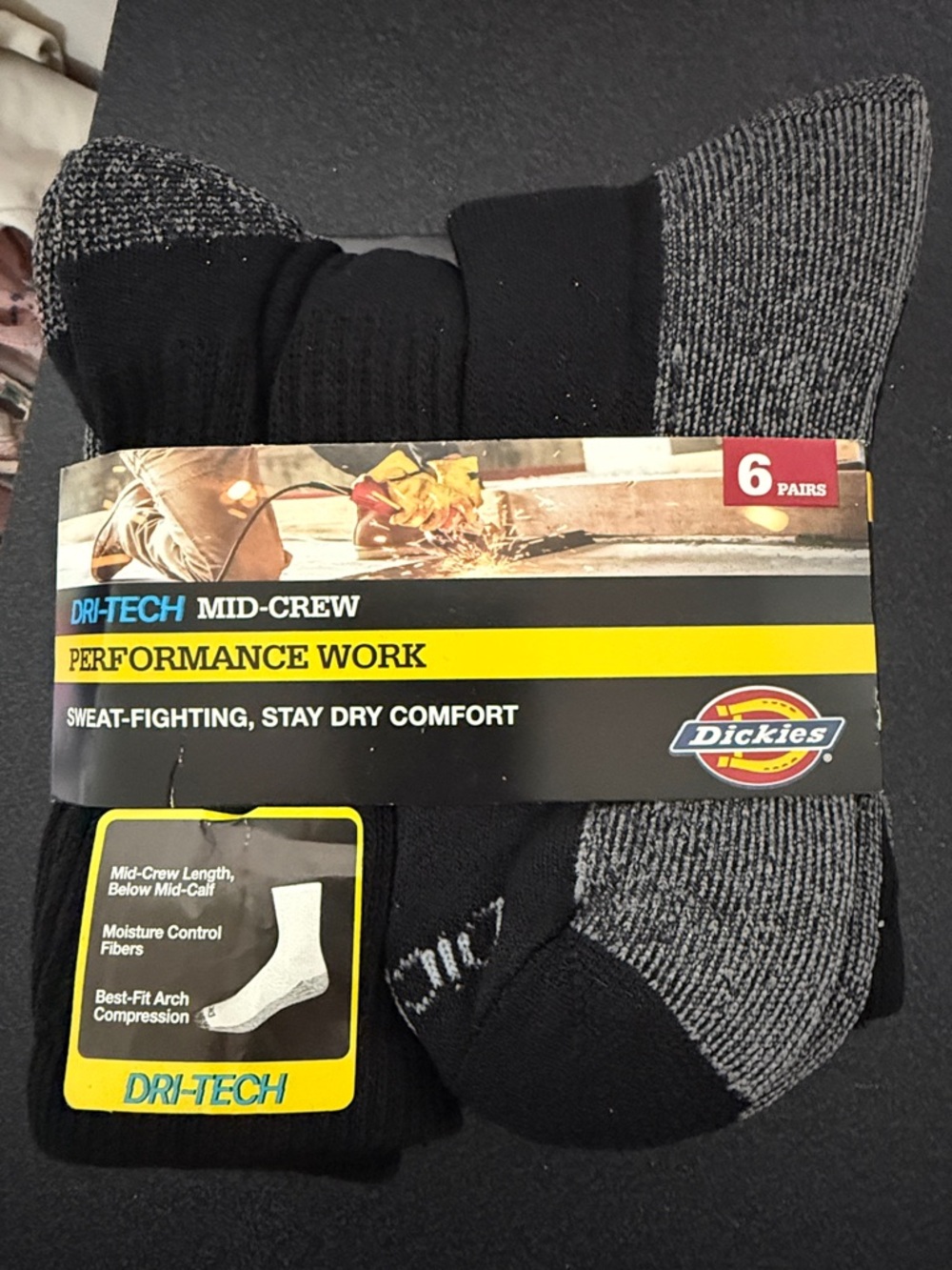 Dickies Black & Gray Dri-Tech Mid-Crew Performance Socks (6 Pairs)